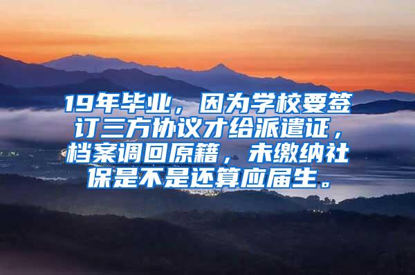 19年毕业，因为学校要签订三方协议才给派遣证，档案调回原籍，未缴纳社保是不是还算应届生。